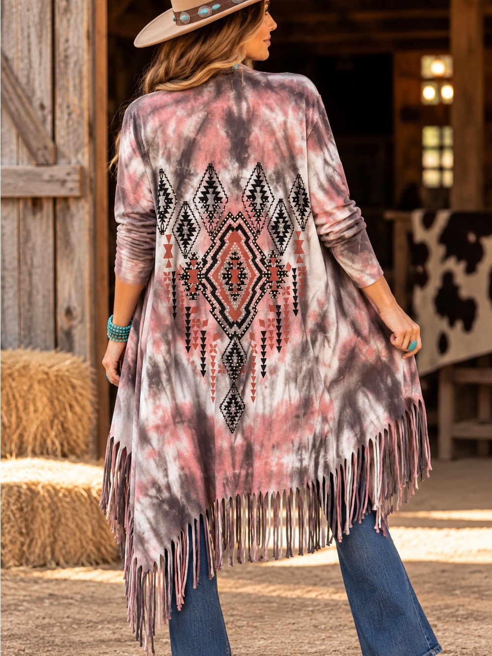 VOCAL Tie Dye Southwestern Rhinestone Fringe Open Cardigan Western Boho L - Picture 2 of 5